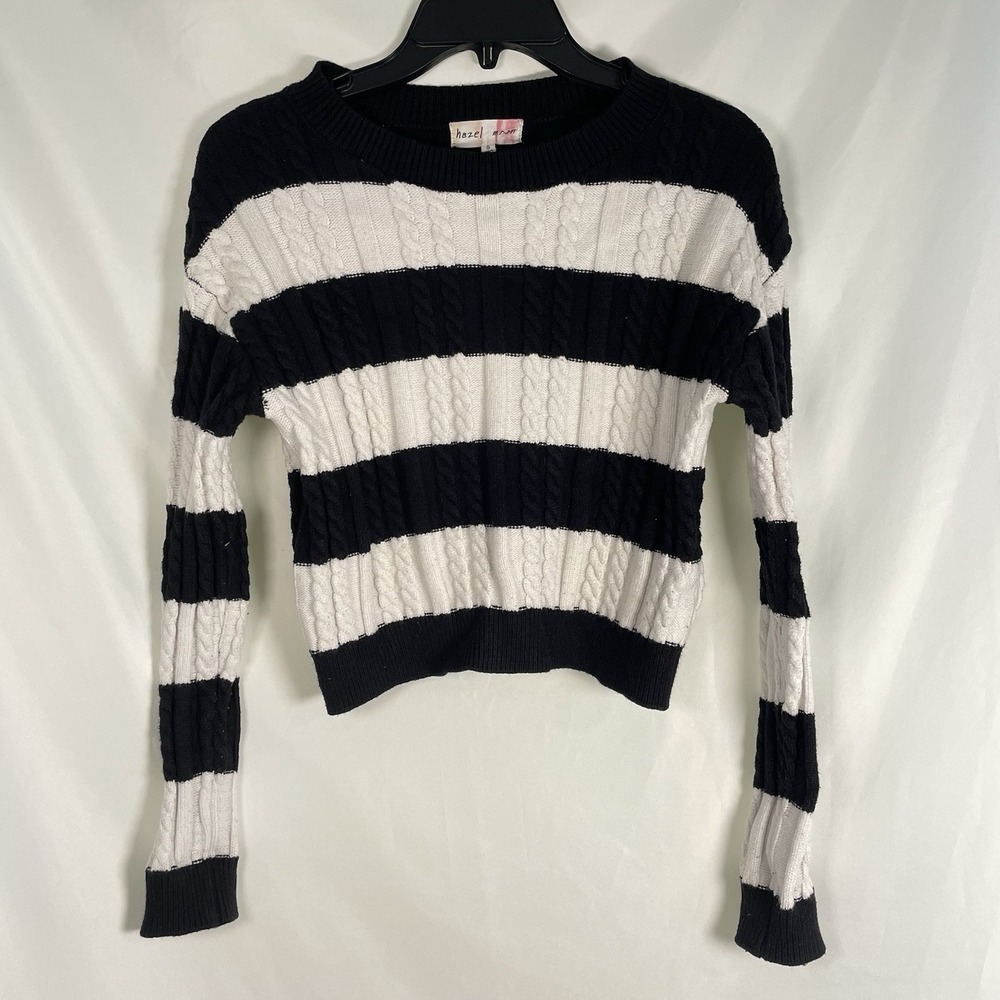 Hazel Moon Sweater Womens Small Black White Striped Cable Knit Cropped Pullover